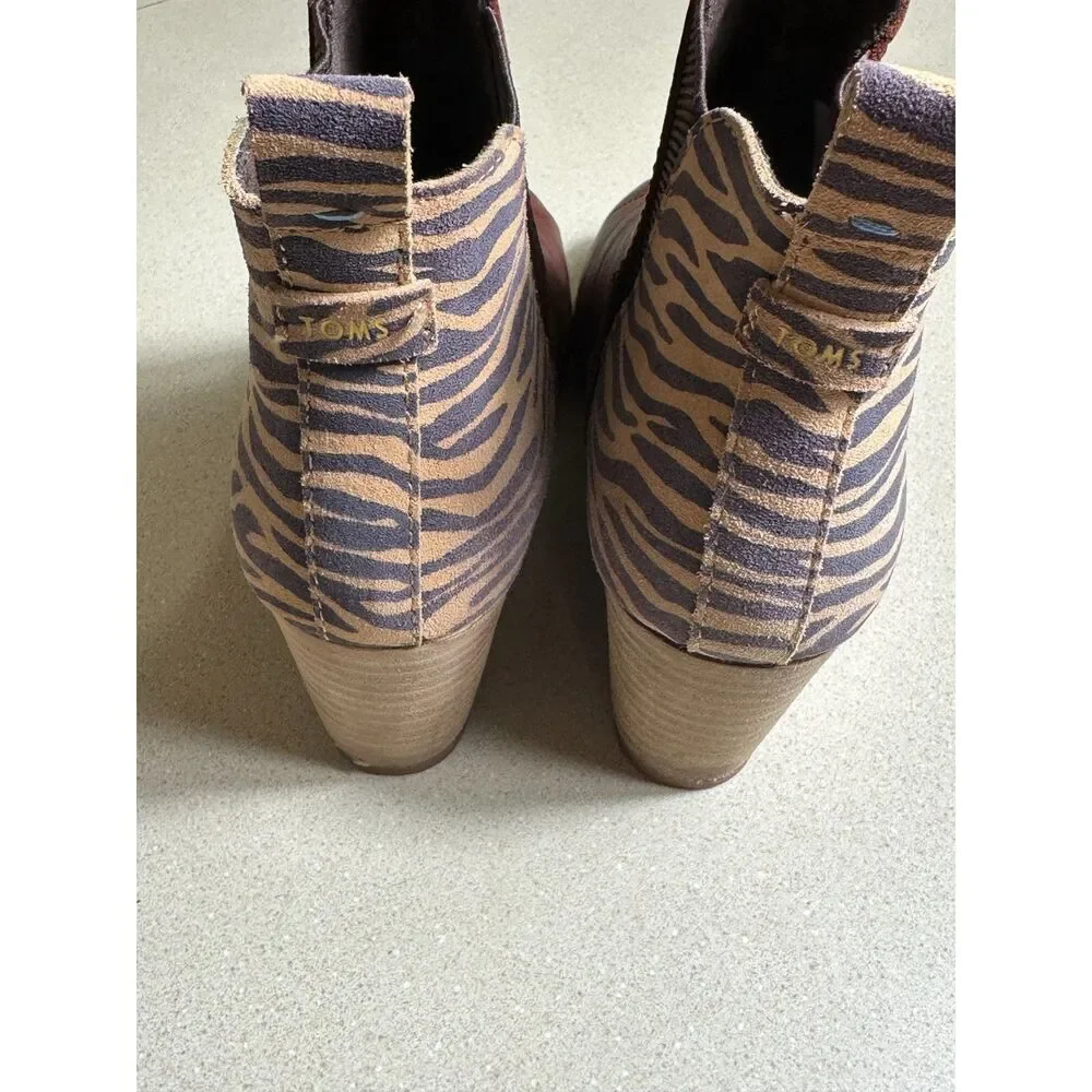 Toms Kelsey Brown Leather Zebra Wedge Bootie Size 8 - Picture 4 of 6